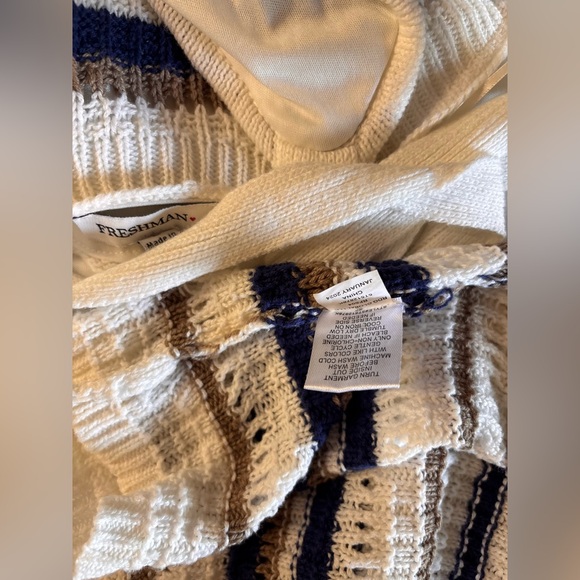 Freshman Womens Striped Crochet Knit Midi Dress White Navy Tan V-Neck Large - Picture 8 of 9